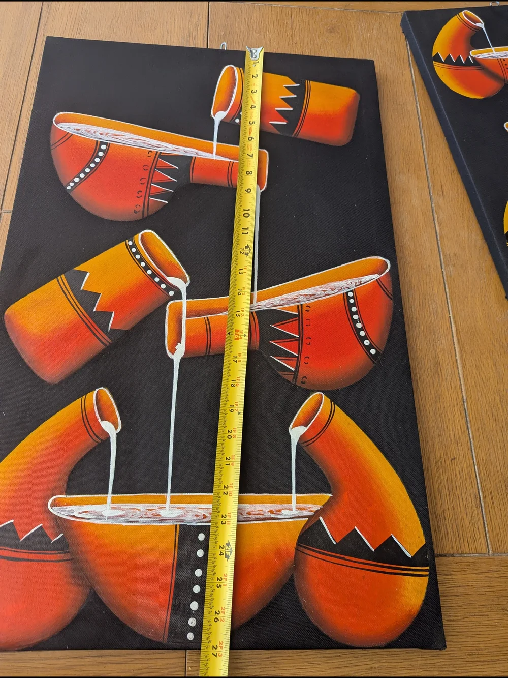Set of 2 Hand Painted African Oil On Canvas Paintings Tribal Gourd Wall Art